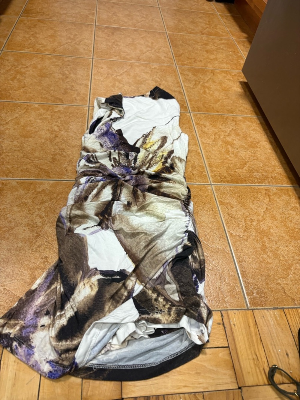 Kookai White Floral-Print Ruched Midi Dress with Brown & Purple Accents